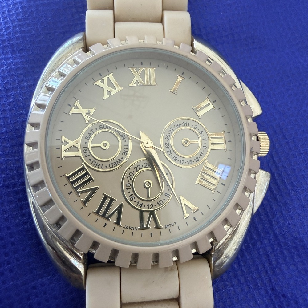 Beige Gold Tone Silicone Quartz Watch Roman Dial Multi Subdial Japan Movt 44mm